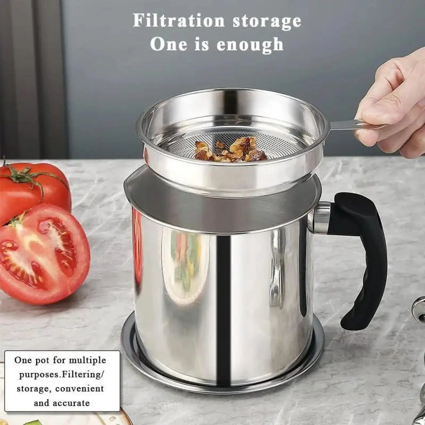 Modern Stainless Steel Oil Dispenser with Tray and Lid, Includes Filter for Bacon Grease and Cooking Oil, Kitchenware and Utensils