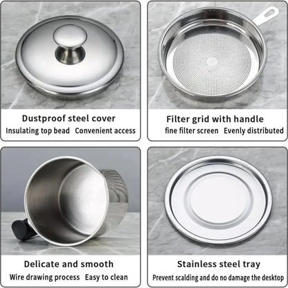 Modern Stainless Steel Oil Dispenser with Tray and Lid, Includes Filter for Bacon Grease and Cooking Oil, Kitchenware and Utensils