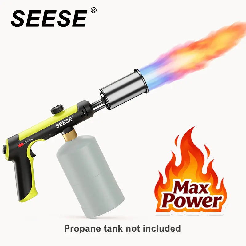 SEESE Powerful Propane Torch(Propane Tank Not Included),With One-Touch Max Fire Button and Safety Lock, Adjustable Blow Torch for Sous Vide Searing Steak, Bbq,Fireplace,Charcoal Wood