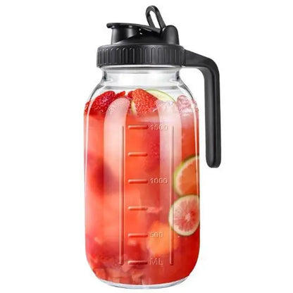 2PCS Glass Water Kettle 64OZ, Mason Jar Water, Lid Spout, Wide Mouthed Leak Proof Water Kettle, Cold Water Kettle, Suitable for Storing Breast Milk Juice, Water, Milk, Tea, Iced Coffee Beverage Set Scale Tumbler with Fall Themed Sip,Jarras De Vidrio