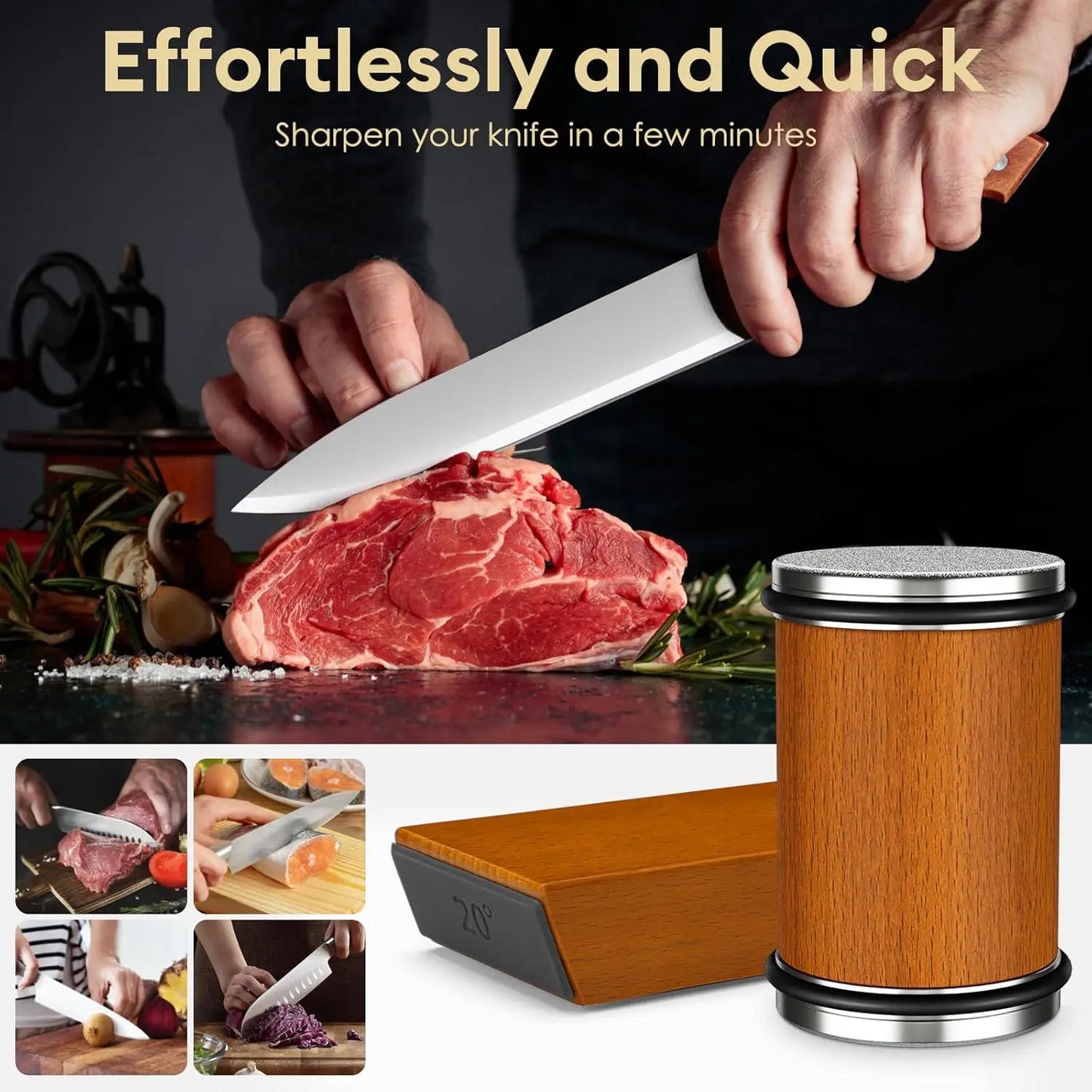 Rolling Knife Sharpener Kit, 1 Set Portable Cutting Knife Sharpener Tool with Diamond Grinding Disc and Ceramic Honing Disc, Kitchen Knife Sharpening with Multiple Angles for Home Kitchen, Wooden #TOP PICKS