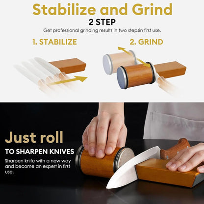 Rolling Knife Sharpener Kit, 1 Set Portable Cutting Knife Sharpener Tool with Diamond Grinding Disc and Ceramic Honing Disc, Kitchen Knife Sharpening with Multiple Angles for Home Kitchen, Wooden #TOP PICKS