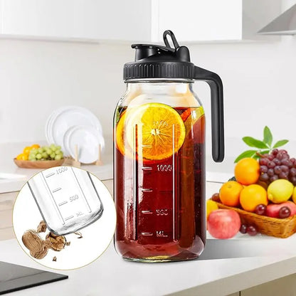 2PCS Glass Water Kettle 64OZ, Mason Jar Water, Lid Spout, Wide Mouthed Leak Proof Water Kettle, Cold Water Kettle, Suitable for Storing Breast Milk Juice, Water, Milk, Tea, Iced Coffee Beverage Set Scale Tumbler with Fall Themed Sip,Jarras De Vidrio