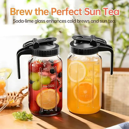 2PCS Glass Water Kettle 64OZ, Mason Jar Water, Lid Spout, Wide Mouthed Leak Proof Water Kettle, Cold Water Kettle, Suitable for Storing Breast Milk Juice, Water, Milk, Tea, Iced Coffee Beverage Set Scale Tumbler with Fall Themed Sip,Jarras De Vidrio