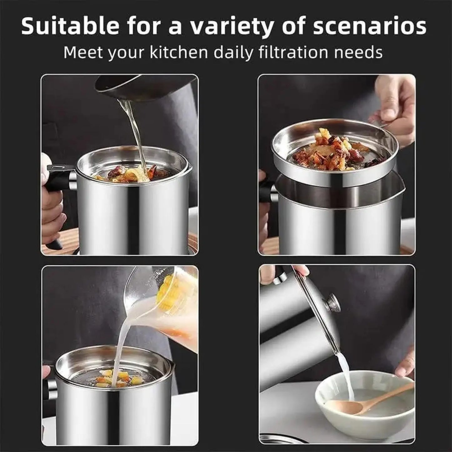 Modern Stainless Steel Oil Dispenser with Tray and Lid, Includes Filter for Bacon Grease and Cooking Oil, Kitchenware and Utensils