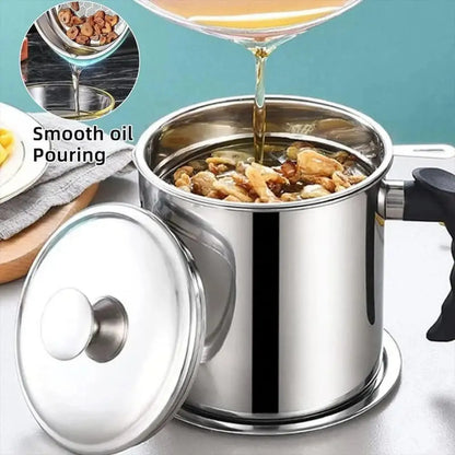 Modern Stainless Steel Oil Dispenser with Tray and Lid, Includes Filter for Bacon Grease and Cooking Oil, Kitchenware and Utensils