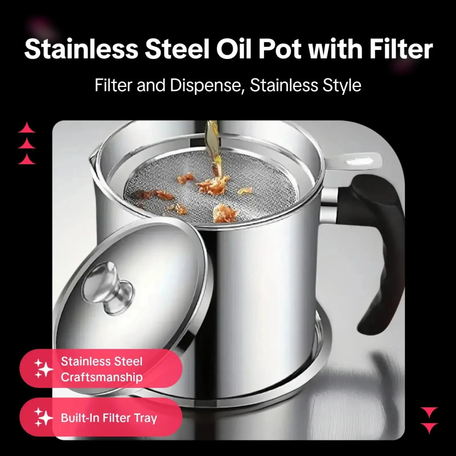Modern Stainless Steel Oil Dispenser with Tray and Lid, Includes Filter for Bacon Grease and Cooking Oil, Kitchenware and Utensils