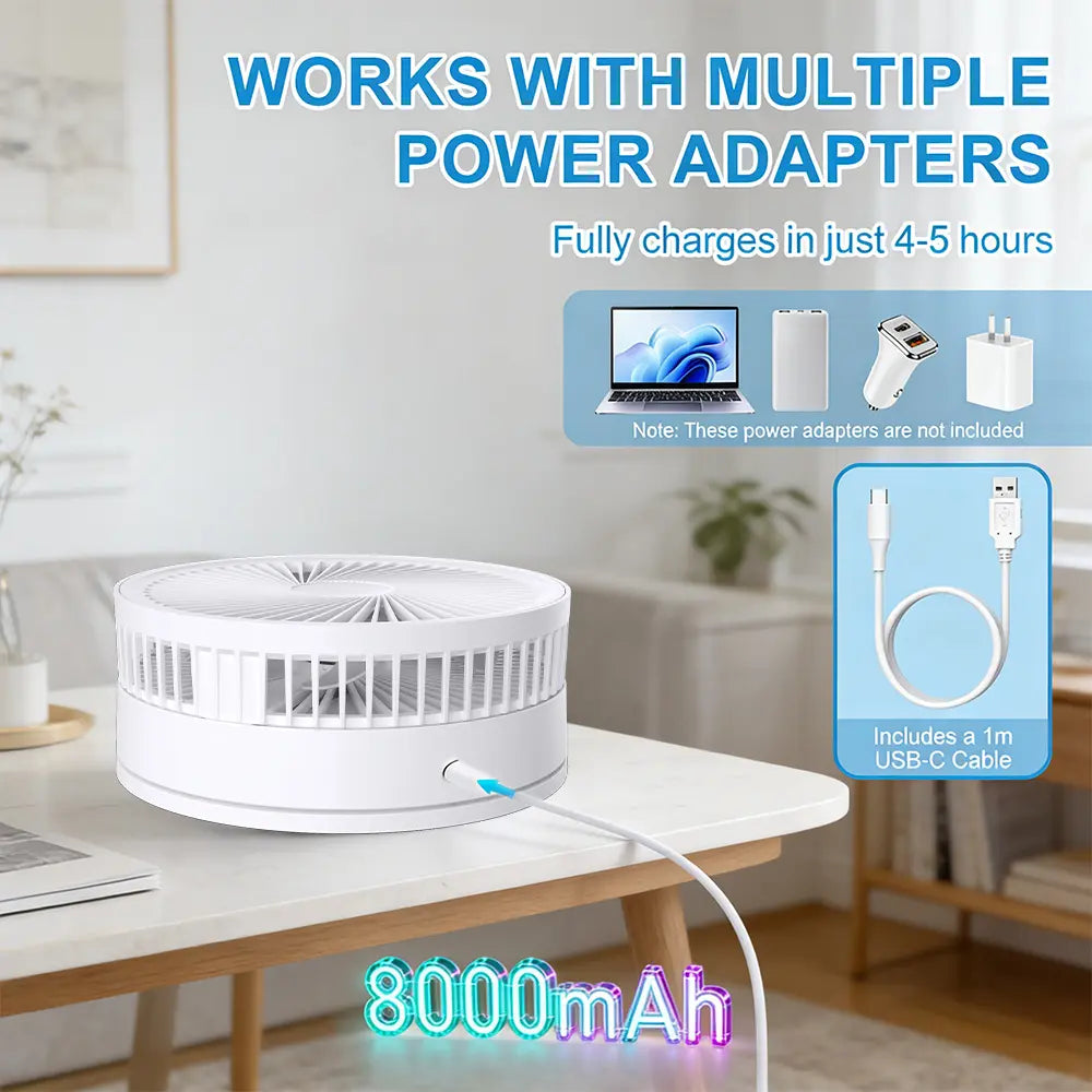 Foldable Usb-Powered Desk Fan - 360° Rotation, 3 Speed Settings, 8000Mah Ultra-Long Battery Life, 105Cm Max Height, Quiet Operation, Portable Oscillating Fan for Bedrooms, Offices