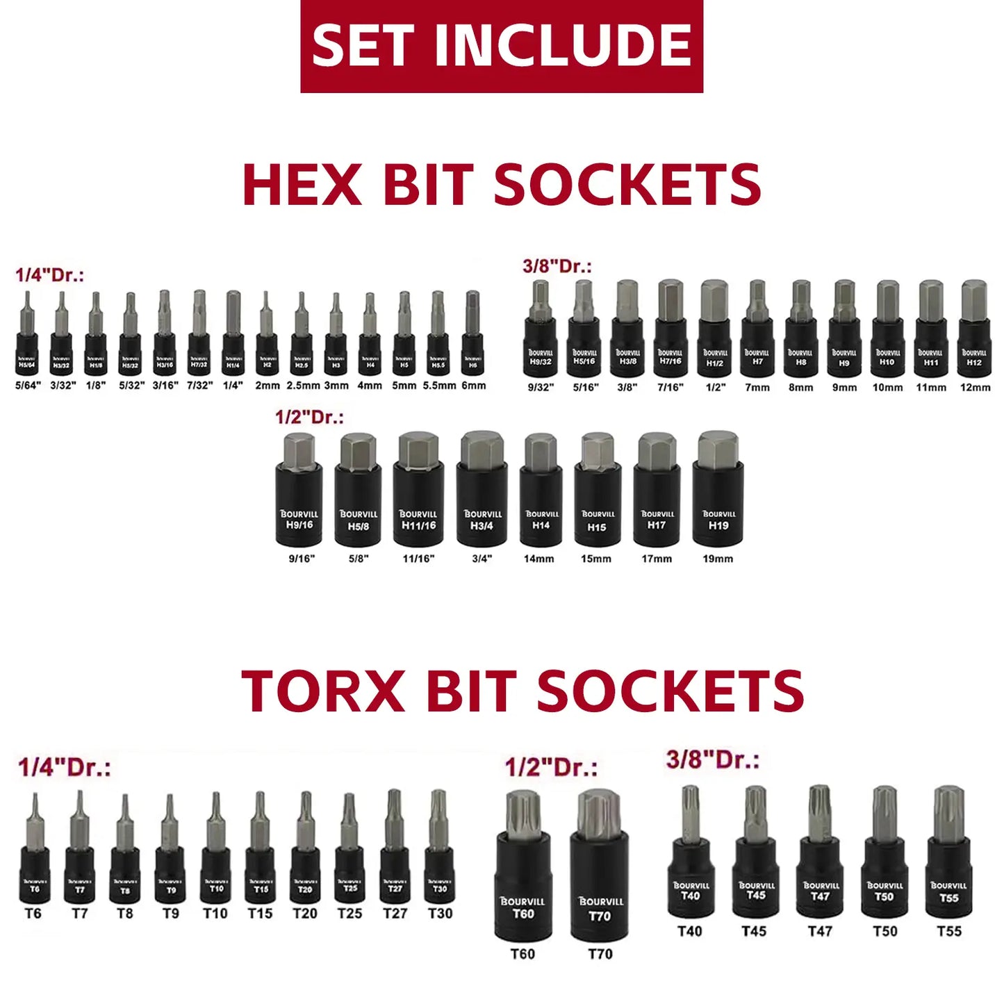 71-Piece Master Hex & Torx Bit Socket Set 1/4\" 3/8\" 1/2\" Drive Metric SAE Hex Bit Sockets Star Bit Sockets （T6-T70） E-Torx Sockets (E4 -E24) with Storage Case#Summerfinds