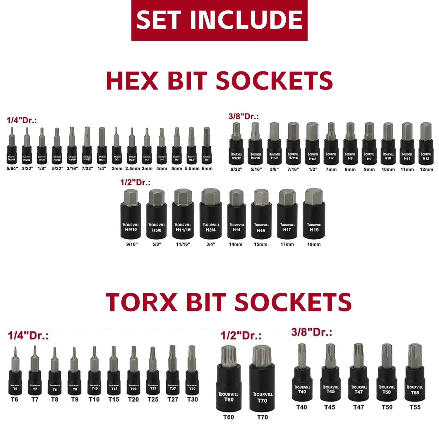 71-Piece Master Hex & Torx Bit Socket Set 1/4\" 3/8\" 1/2\" Drive Metric SAE Hex Bit Sockets Star Bit Sockets （T6-T70） E-Torx Sockets (E4 -E24) with Storage Case#Summerfinds