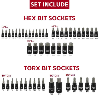 71-Piece Master Hex & Torx Bit Socket Set 1/4\" 3/8\" 1/2\" Drive Metric SAE Hex Bit Sockets Star Bit Sockets （T6-T70） E-Torx Sockets (E4 -E24) with Storage Case#Summerfinds