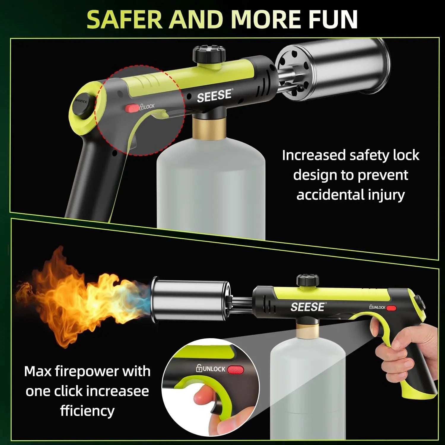 SEESE Powerful Propane Torch(Propane Tank Not Included),With One-Touch Max Fire Button and Safety Lock, Adjustable Blow Torch for Sous Vide Searing Steak, Bbq,Fireplace,Charcoal Wood
