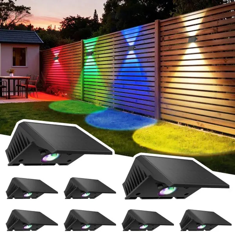 Solar Fence Lights Outdoor, Solar up down Wall Lights for Outside, IP67 Fence Lights Solar Powered Dusk to Dawn Auto-Work for Patio Garden Backyard Porch Deck Pathway Step (White&Rgb)