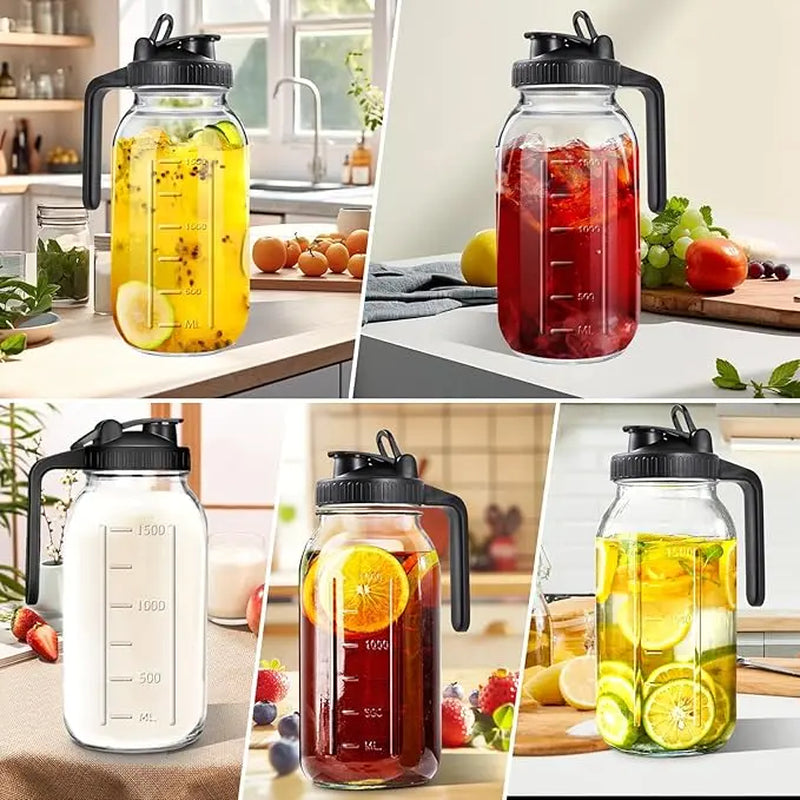 2PCS Glass Water Kettle 64OZ, Mason Jar Water, Lid Spout, Wide Mouthed Leak Proof Water Kettle, Cold Water Kettle, Suitable for Storing Breast Milk Juice, Water, Milk, Tea, Iced Coffee Beverage Set Scale Tumbler with Fall Themed Sip,Jarras De Vidrio