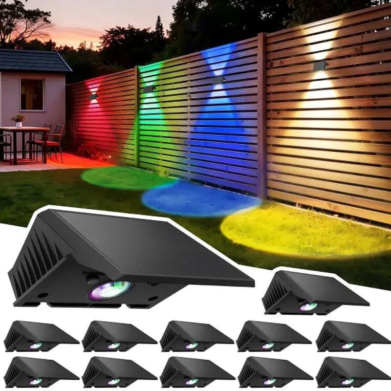 Solar Fence Lights Outdoor, Solar up down Wall Lights for Outside, IP67 Fence Lights Solar Powered Dusk to Dawn Auto-Work for Patio Garden Backyard Porch Deck Pathway Step (White&Rgb)