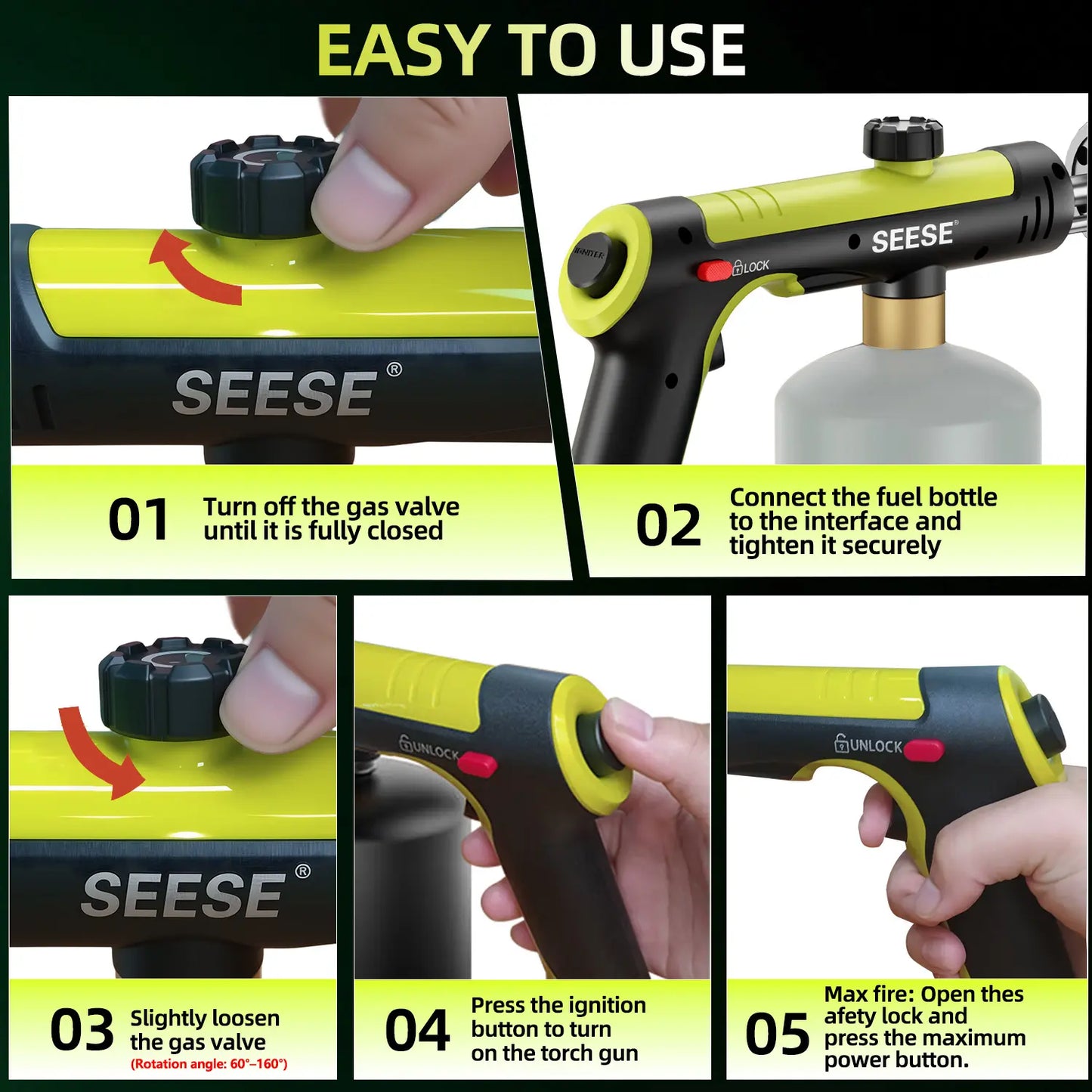 SEESE Powerful Propane Torch(Propane Tank Not Included),With One-Touch Max Fire Button and Safety Lock, Adjustable Blow Torch for Sous Vide Searing Steak, Bbq,Fireplace,Charcoal Wood