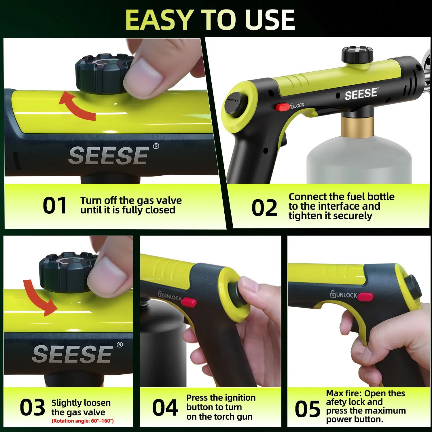 SEESE Powerful Propane Torch(Propane Tank Not Included),With One-Touch Max Fire Button and Safety Lock, Adjustable Blow Torch for Sous Vide Searing Steak, Bbq,Fireplace,Charcoal Wood