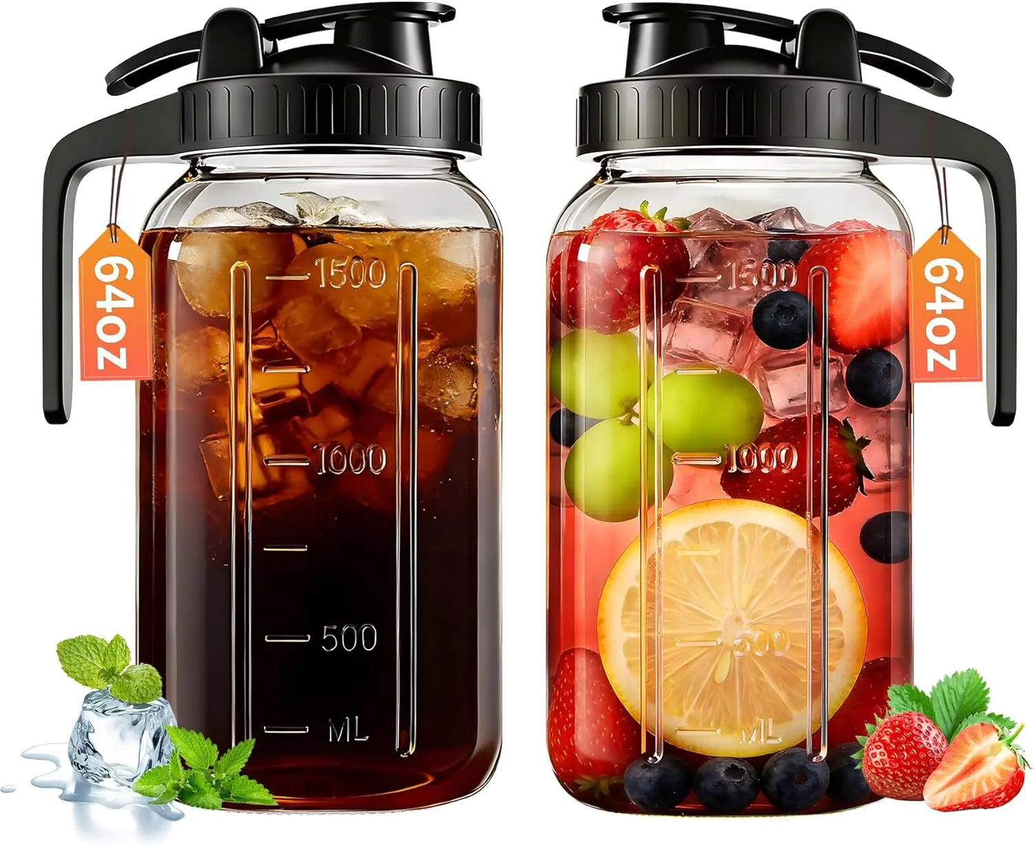 2PCS Glass Water Kettle 64OZ, Mason Jar Water, Lid Spout, Wide Mouthed Leak Proof Water Kettle, Cold Water Kettle, Suitable for Storing Breast Milk Juice, Water, Milk, Tea, Iced Coffee Beverage Set Scale Tumbler with Fall Themed Sip,Jarras De Vidrio