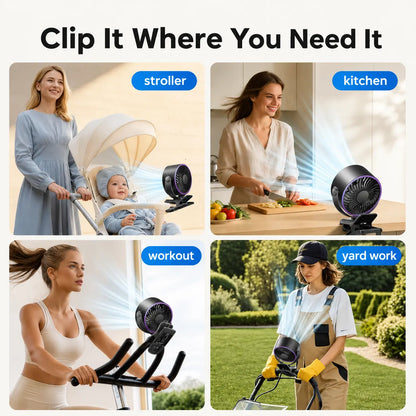 Rechargeable Clip on Fan, 100-Speed Portable Fan with LED Display, USB-C Battery Operated Desk Fan, 360° Rotating for Stroller, Camping, Car Waist Cooling Cool Hill