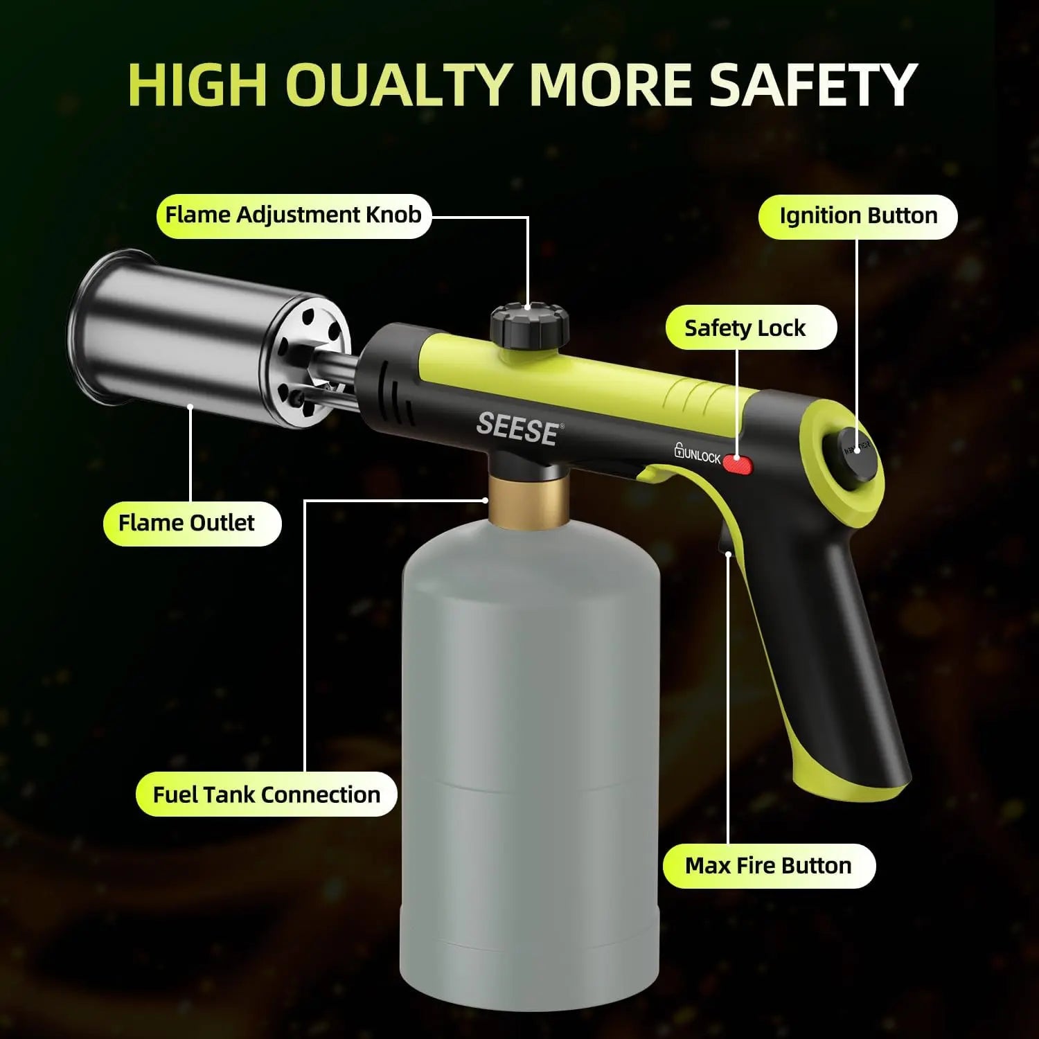 SEESE Powerful Propane Torch(Propane Tank Not Included),With One-Touch Max Fire Button and Safety Lock, Adjustable Blow Torch for Sous Vide Searing Steak, Bbq,Fireplace,Charcoal Wood