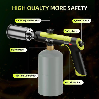SEESE Powerful Propane Torch(Propane Tank Not Included),With One-Touch Max Fire Button and Safety Lock, Adjustable Blow Torch for Sous Vide Searing Steak, Bbq,Fireplace,Charcoal Wood