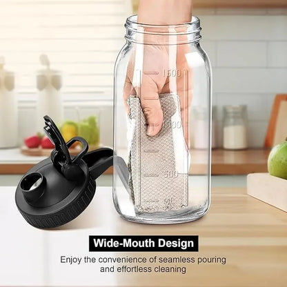 2PCS Glass Water Kettle 64OZ, Mason Jar Water, Lid Spout, Wide Mouthed Leak Proof Water Kettle, Cold Water Kettle, Suitable for Storing Breast Milk Juice, Water, Milk, Tea, Iced Coffee Beverage Set Scale Tumbler with Fall Themed Sip,Jarras De Vidrio