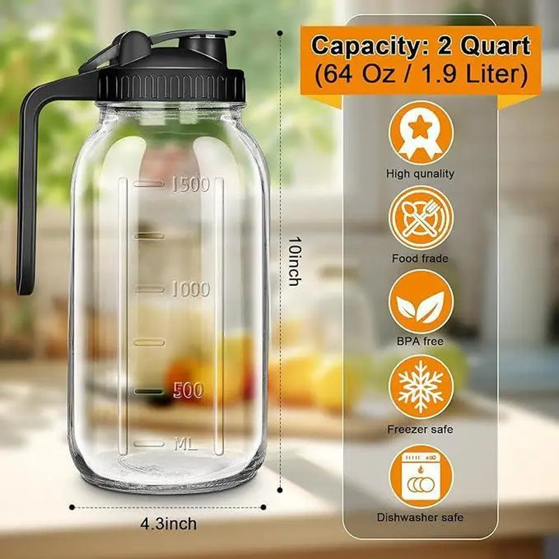 2PCS Glass Water Kettle 64OZ, Mason Jar Water, Lid Spout, Wide Mouthed Leak Proof Water Kettle, Cold Water Kettle, Suitable for Storing Breast Milk Juice, Water, Milk, Tea, Iced Coffee Beverage Set Scale Tumbler with Fall Themed Sip,Jarras De Vidrio