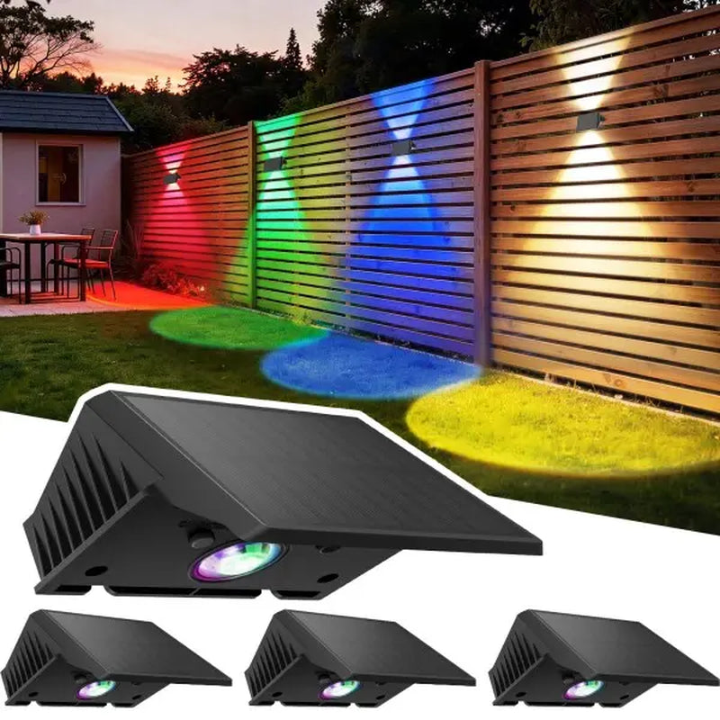Solar Fence Lights Outdoor, Solar up down Wall Lights for Outside, IP67 Fence Lights Solar Powered Dusk to Dawn Auto-Work for Patio Garden Backyard Porch Deck Pathway Step (White&Rgb)